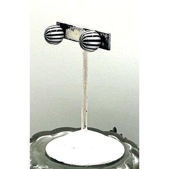 Striped Black & White Round Stud Earrings - Picture 6 of 6